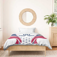 White duvet cover with two pillow shams, navy/red rugby flag graphic with stars and text