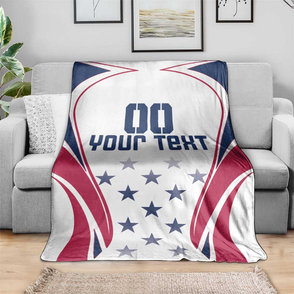 Patriotic red white blue blanket with custom text, star grid, and blue V shapes
