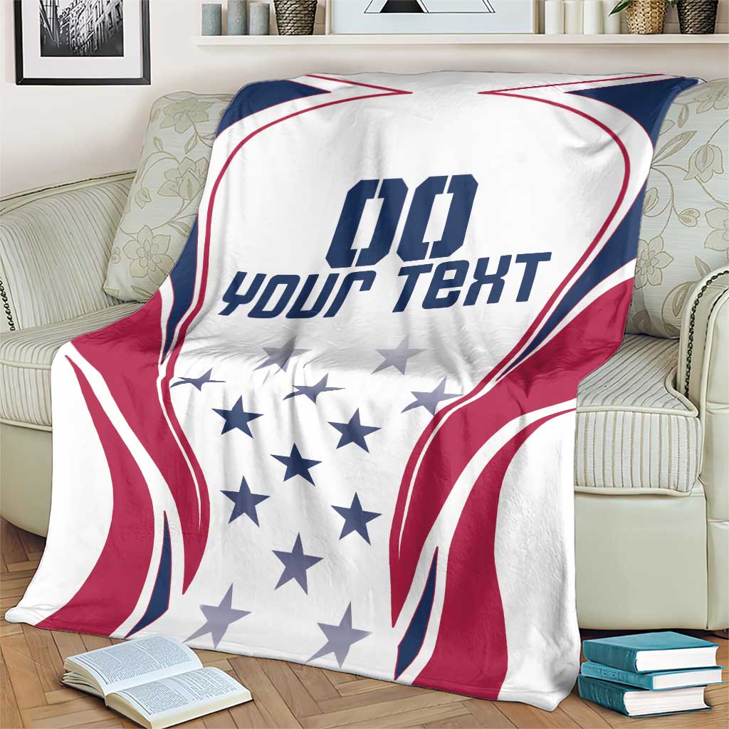 White red and blue rugby-style blanket with custom text and star pattern center