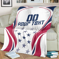 White red and blue rugby-style blanket with custom text and star pattern center