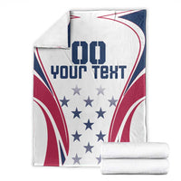 Folded red white and blue custom rugby blanket with star grid and bold blue text