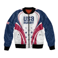 Unisex USA rugby bomber jacket with full-zip, blue sleeves, white-red graphic front