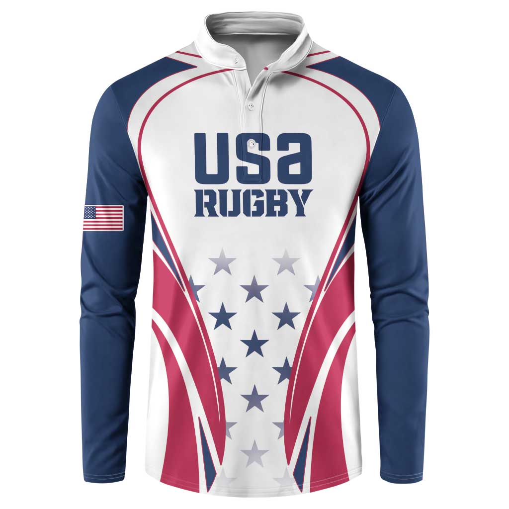 Rugby button sweatshirt front view, USA Rugby crest on white/navy with red trim, button collar