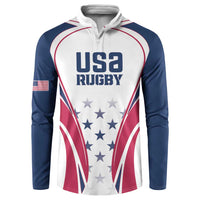 Rugby button sweatshirt front view, USA Rugby crest on white/navy with red trim, button collar