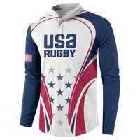 Rugby button sweatshirt, USA Rugby graphic on white with navy sleeves and red trim
