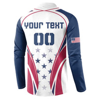 Rugby button sweatshirt back, YOUR TEXT and 00 over USA star graphic on white/navy, red trim