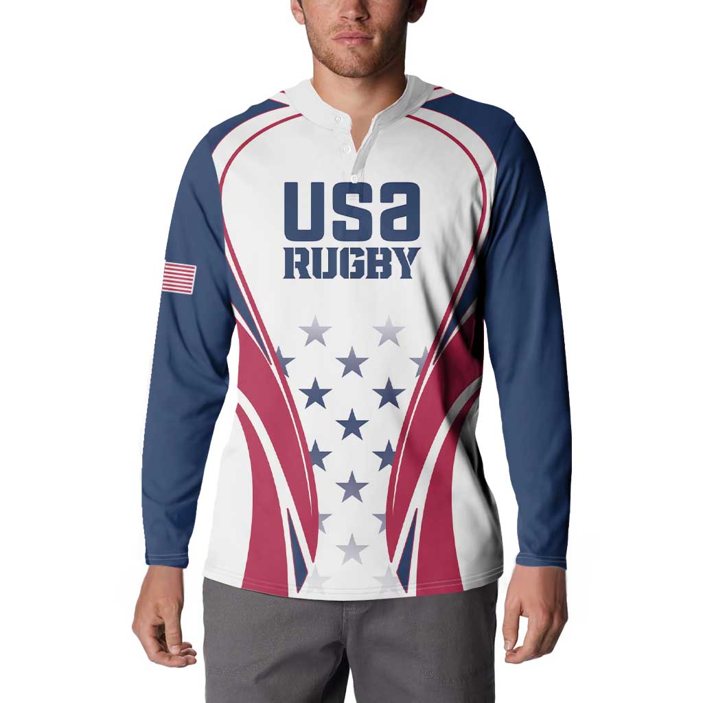 Rugby button sweatshirt with USA Rugby graphic, white/navy long sleeves, button-up collar