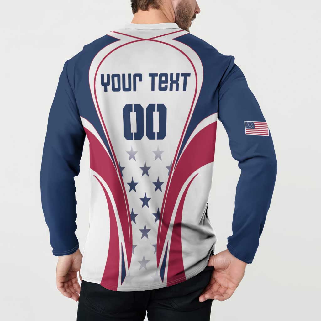 Rugby button sweatshirt back, YOUR TEXT and 00 with USA stars; navy sleeve flag patch