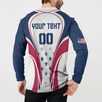Rugby button sweatshirt back, YOUR TEXT and 00 with USA stars; navy sleeve flag patch