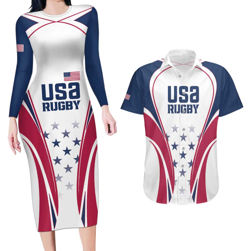 Custom USA Rugby Couples Matching Long Sleeve Bodycon Dress and Hawaiian Shirt Simple Style - Wonder Print Shop