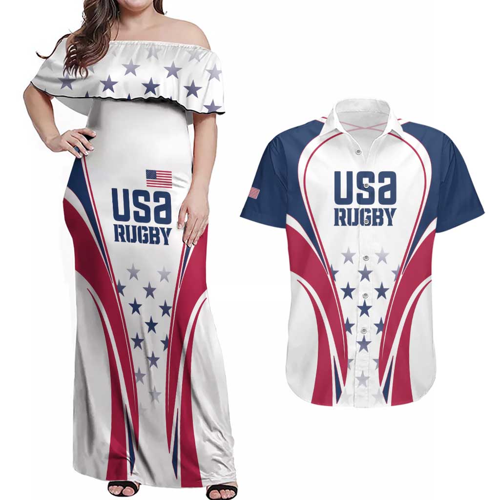 Custom USA Rugby Couples Matching Off Shoulder Maxi Dress and Hawaiian Shirt Simple Style - Wonder Print Shop