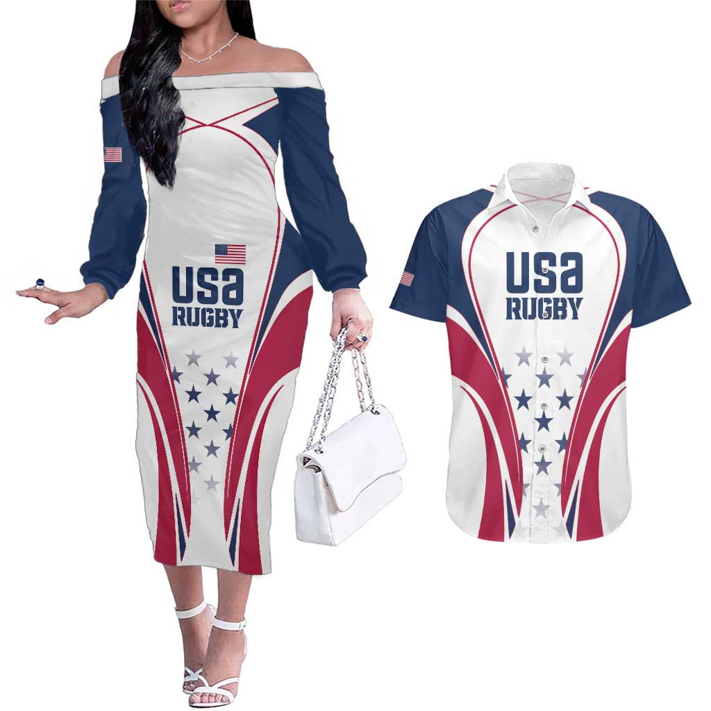 Custom USA Rugby Couples Matching Off The Shoulder Long Sleeve Dress and Hawaiian Shirt Simple Style - Wonder Print Shop