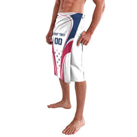 White knee-length wrap shorts with red and blue USA graphic, angled front view