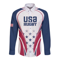 Navy and white long-sleeve rugby button shirt with USA Rugby badge and stars graphic