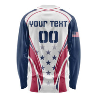Long sleeve rugby shirt with back text and star graphic, red panels, navy sleeves