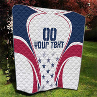 Quilt with blue top and white-red rugby flag heart design, stars and custom text area