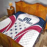Rugby-themed quilt on bed, white center with blue stars, maroon and navy side panels