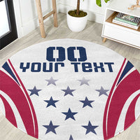 Round white area rug with navy and red star-and-stripe graphic and custom text