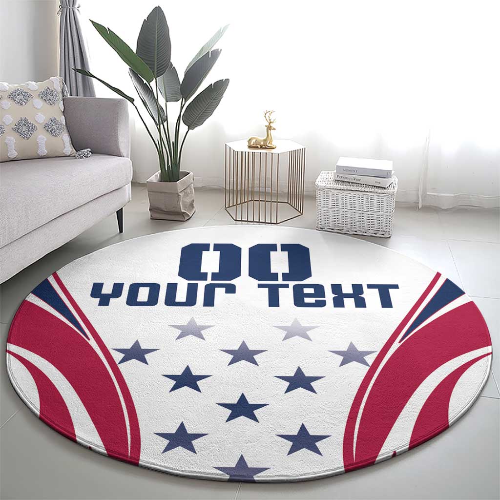 Round white rug with navy and red star-and-stripe graphic and large custom text