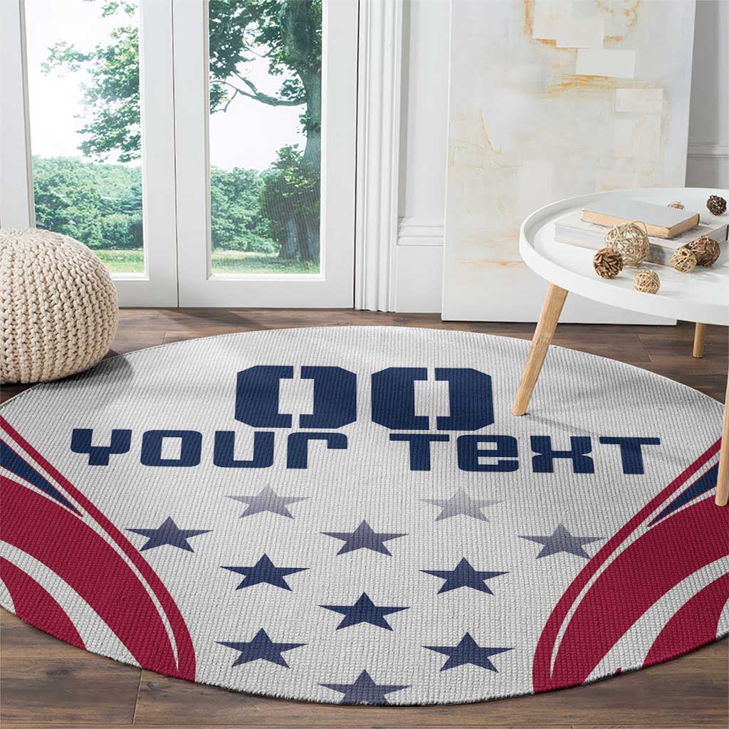 Round white rug with navy and red star-and-stripe border and centered custom text