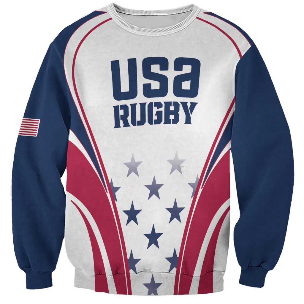 Unisex rugby sweatshirt, white body with navy sleeves, red trim, 'USA RUGBY' graphic