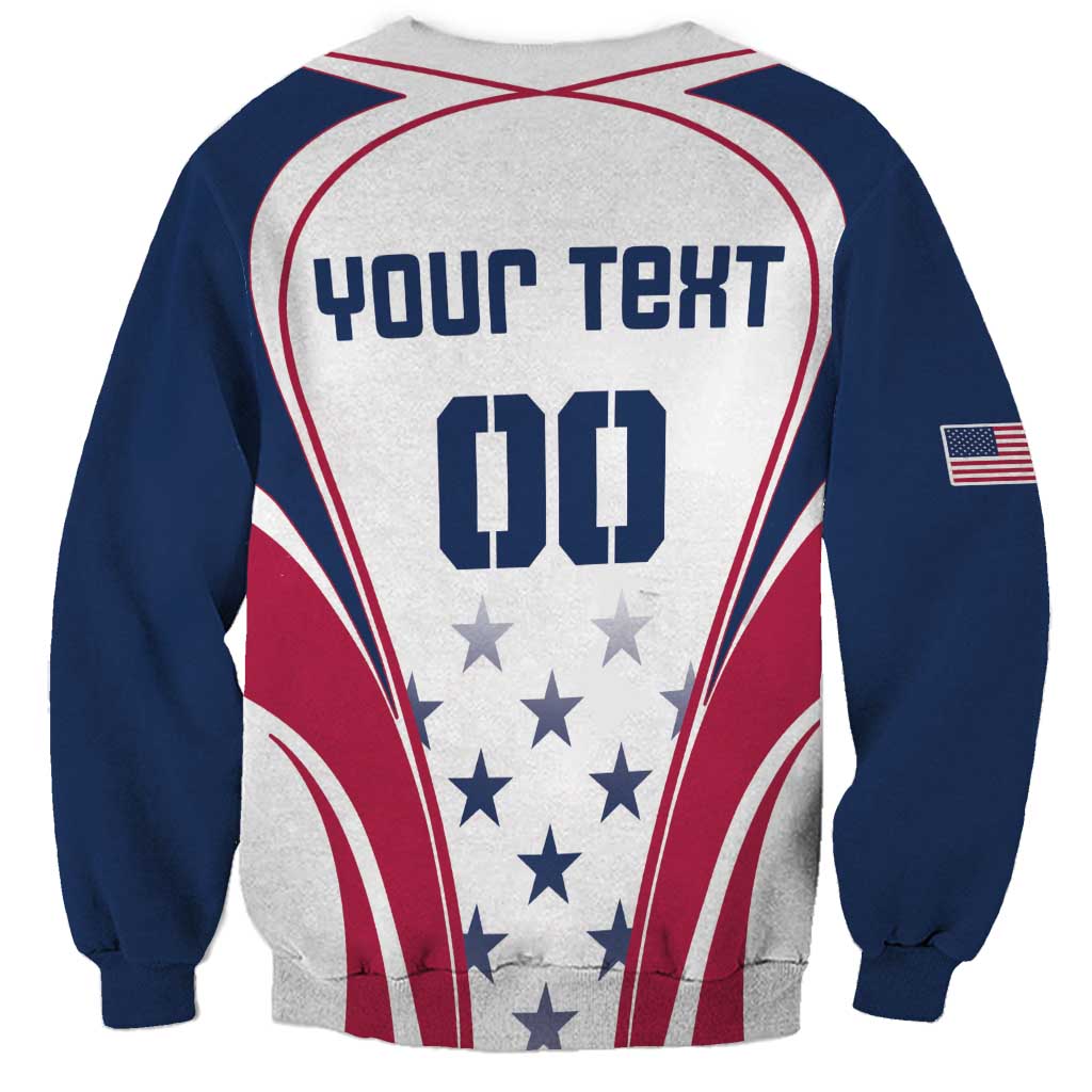 Unisex rugby sweatshirt, white body with navy sleeves, red trim, 'Your Text' back print