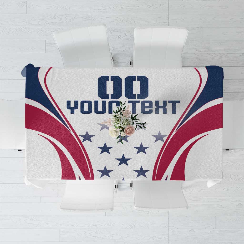 White tablecloth with central stars and blue/red rugby artwork