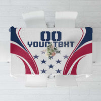 White tablecloth with central stars and blue/red rugby artwork