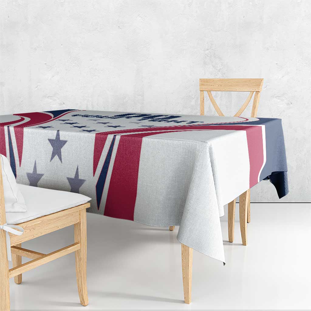 White tablecloth with navy stars and red curved stripe accents