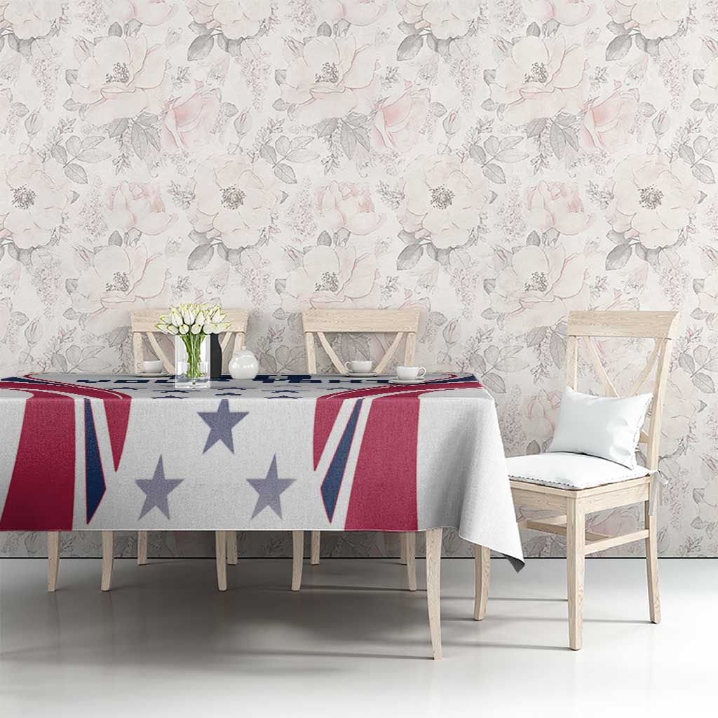 White tablecloth with navy and red star and stripe rugby design