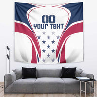 USA rugby tapestry with navy/red/white curves, star center, 'YOUR TEXT' print