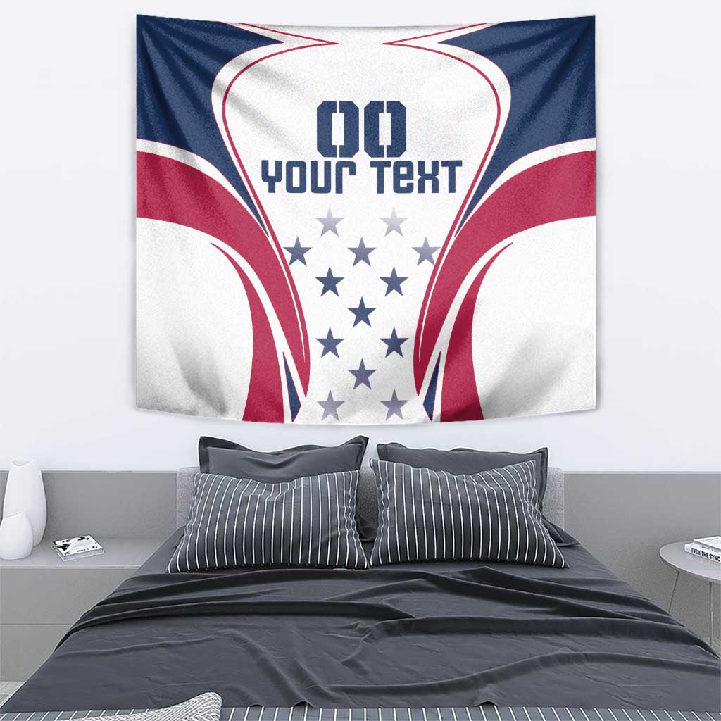 USA rugby tapestry with navy/red/white curves, star cluster, '00 YOUR TEXT' text