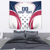 USA rugby tapestry with navy/red/white curves, star cluster, '00 YOUR TEXT' text