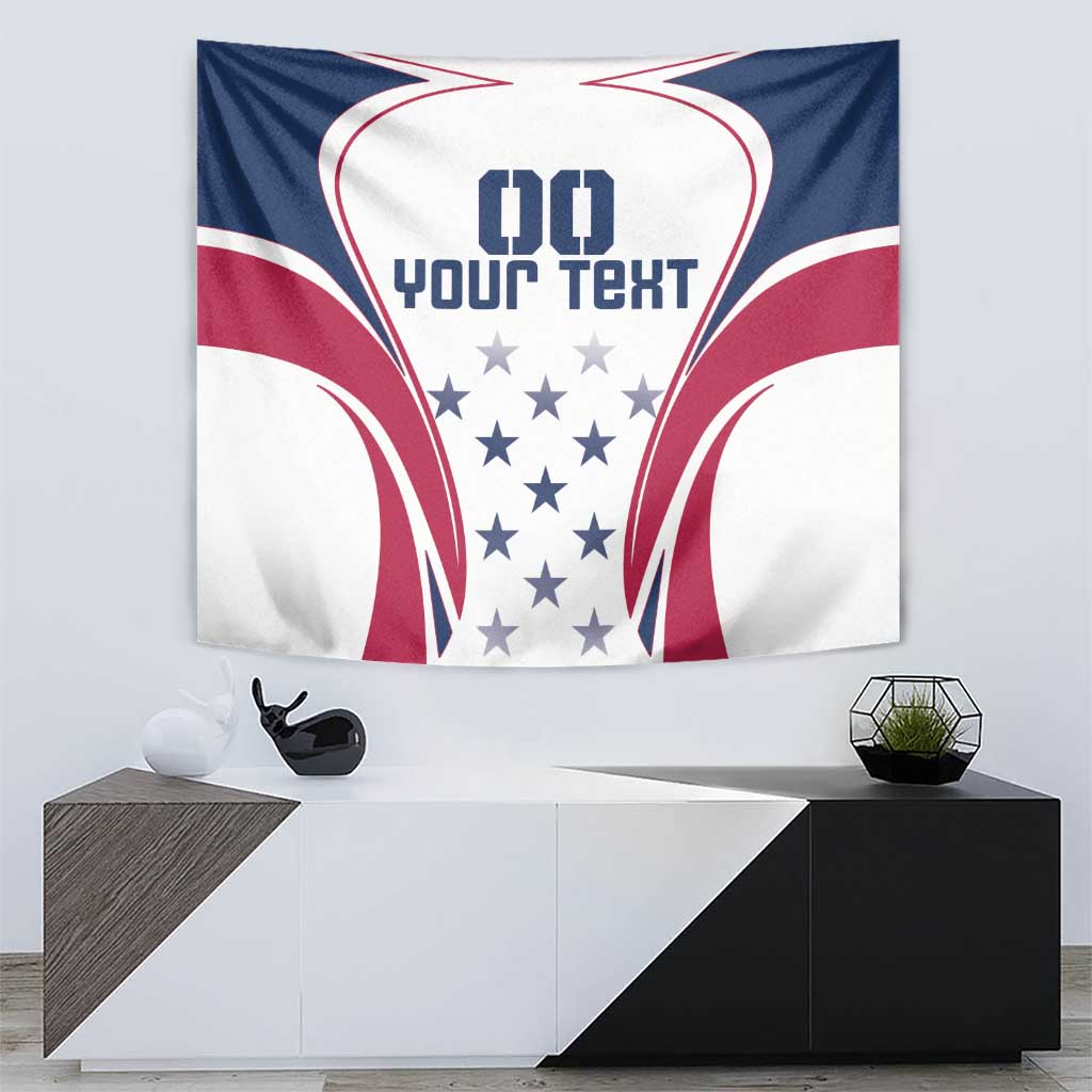 USA rugby tapestry with navy/red/white V-shaped curves, star cluster, 'YOUR TEXT' print