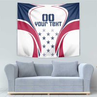 USA rugby tapestry with navy/red/white swirls, central stars, 'YOUR TEXT' print