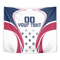 USA rugby tapestry close-up: navy/red/white curves, stars, 'YOUR TEXT' text