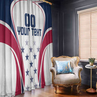 White patriotic curtain with blue and red swoosh design and star details near window