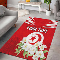 Red area rug showing 'YOUR TEXT' and circular Tunisia emblem with flowers