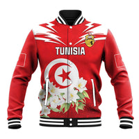Red personalized Tunisia baseball jacket with TUNISIA print, emblem, jasmine flowers, varsity stripes