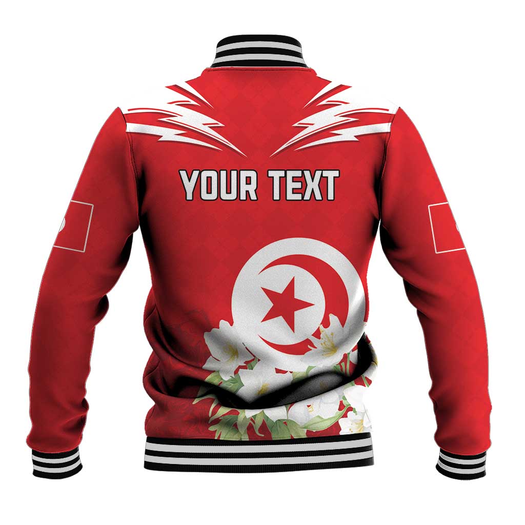 Red personalized Tunisia baseball jacket back with YOUR TEXT, round emblem and jasmine flower graphics