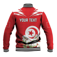 Red personalized Tunisia baseball jacket back with YOUR TEXT, round emblem and jasmine flower graphics