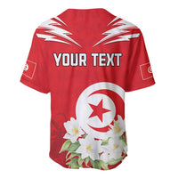 Red baseball jersey with YOUR TEXT on back, Tunisia star, jasmine flower and zigzag trim