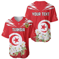 Red Tunisia baseball jersey—front shows TUNISIA and crest; back shows YOUR TEXT