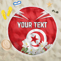 Red round beach blanket with white fringe, Tunisia emblem and jasmine flower design