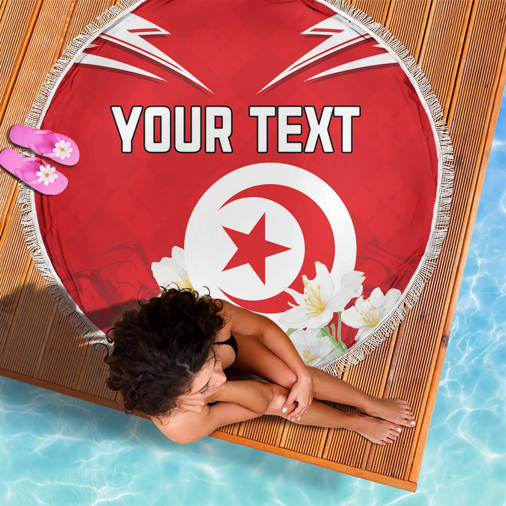 Red round beach blanket with white fringe, "YOUR TEXT" and Tunisia emblem design