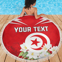 Red round beach blanket with white fringe, "YOUR TEXT" and Tunisia emblem with flowers