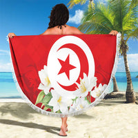 Red round beach blanket with white fringe, Tunisia emblem and floral print, custom text