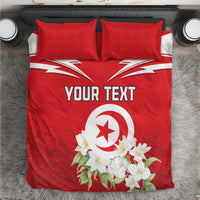 Red bedding set with custom “YOUR TEXT” on duvet and two matching pillows