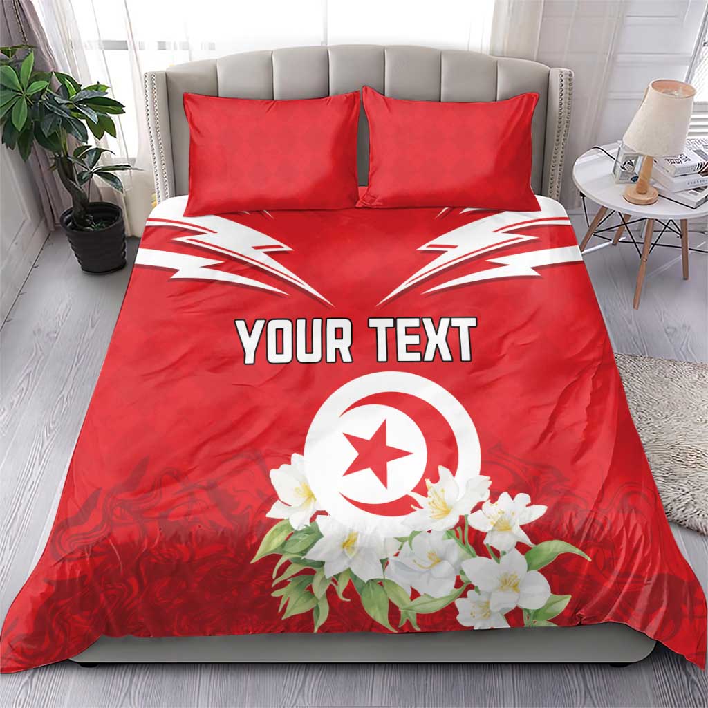 Red duvet cover with “YOUR TEXT” and Tunisian emblem, plus two red pillows