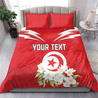 Red duvet cover with “YOUR TEXT” and Tunisian emblem, plus two red pillows
